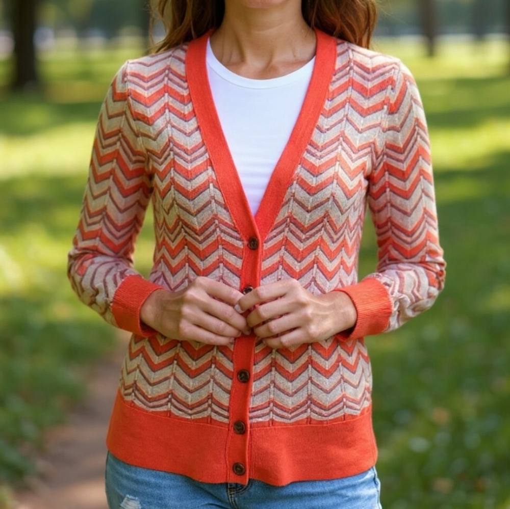 Loft Wool Blend Chevron V-Neck Knit Cardigan Women's M Red Brown Holiday Retro